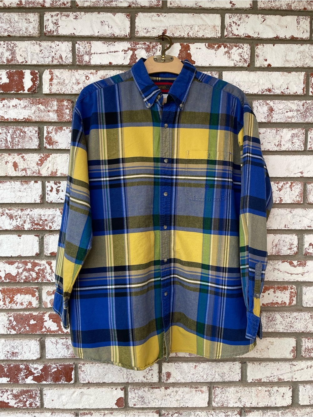 🌱5/$25🌱Wrangler | Twenty X Bright Yellow & Blue Plaid 90s Y2k Button Down Shirt - Picture 2 of 6